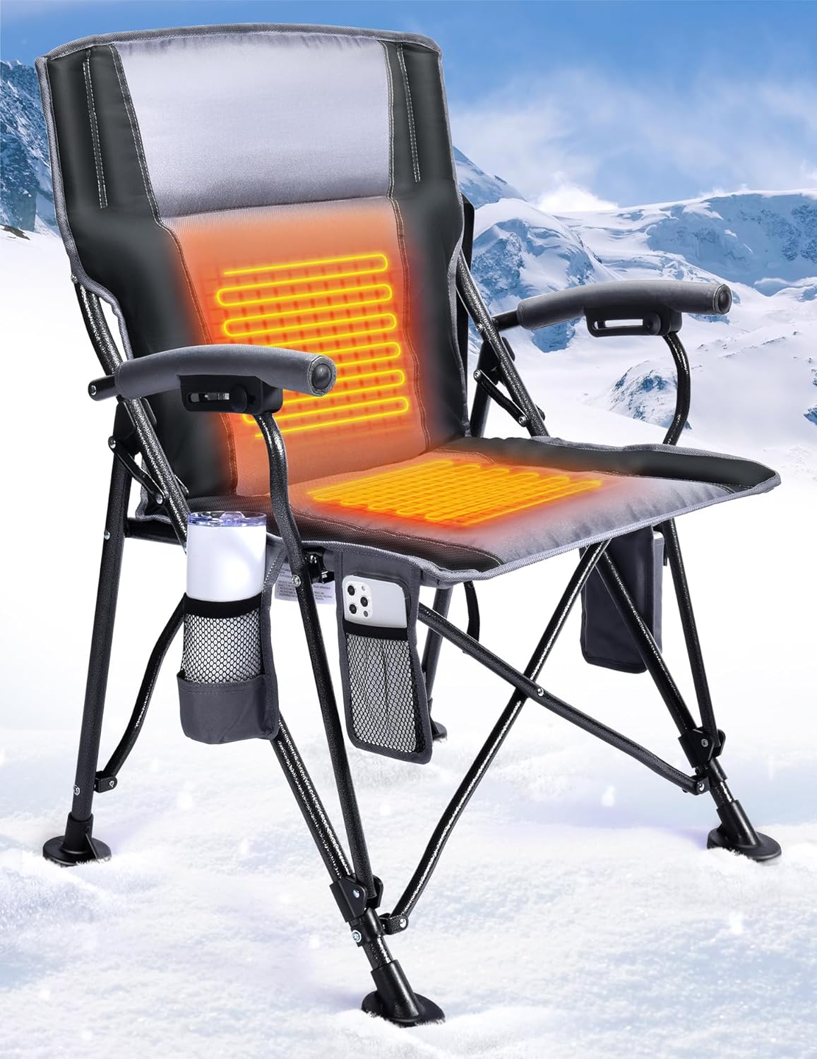 NEW - Docusvect Heated Camping Chair for Adults, Heats Back and Seat, 3 Heat Levels, Fully Padded Heated Folding Chair for Outdoor Sports with Cup Holder, Rich Pockets, Battery NOT Included - Retail $109