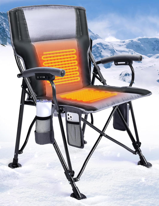 NEW - Docusvect Heated Camping Chair for Adults, Heats Back and Seat, 3 Heat Levels, Fully Padded Heated Folding Chair for Outdoor Sports with Cup Holder, Rich Pockets, Battery NOT Included - Retail $109