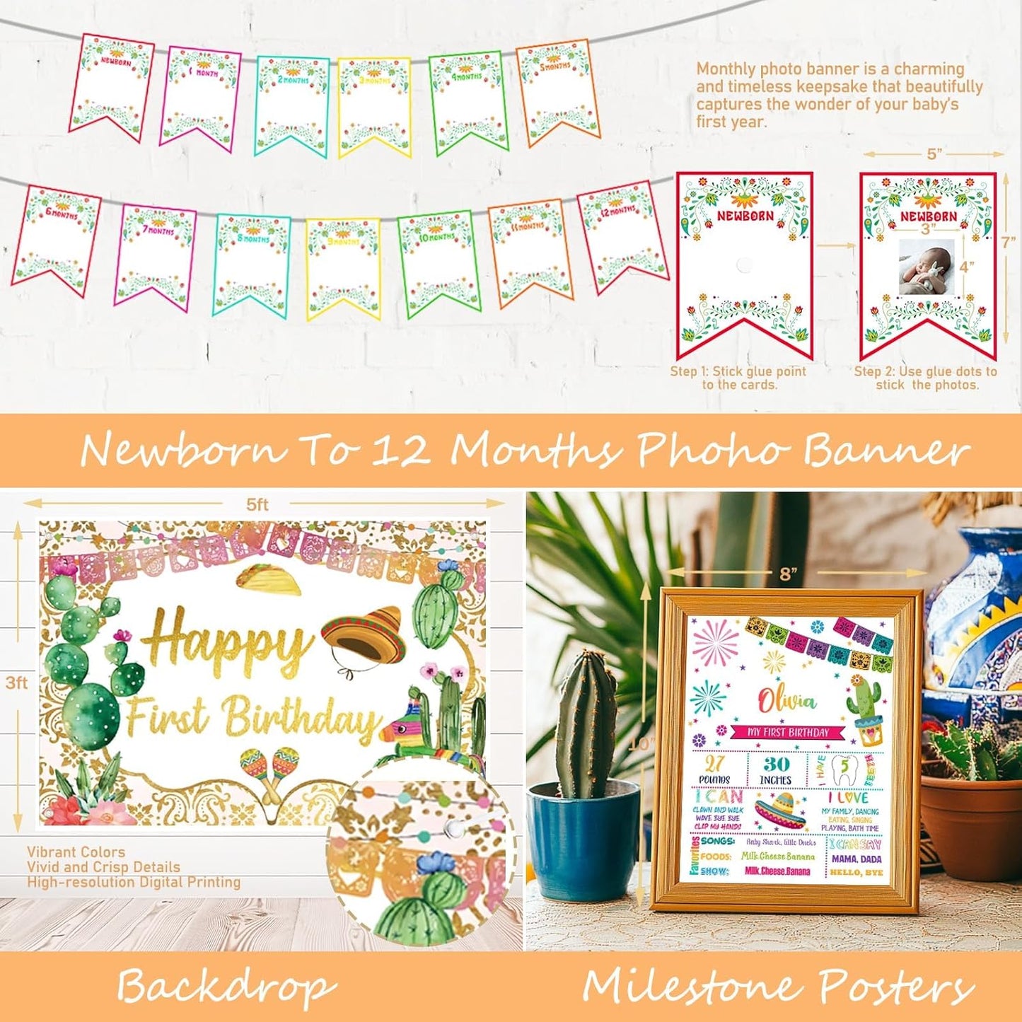 First Fiesta Birthday Decorations, Mexican Themed 1st Birthday Party Decorations, Cinco De Mayo Backdrop Balloon Garland Monthly Photo Uno Highchair Banner Box Cake Topper Crown Poster