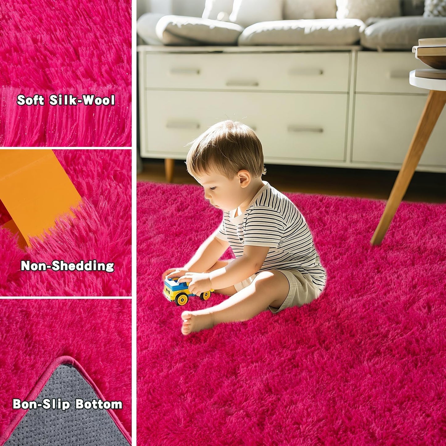 Hot Pink Fluffy Rug for Bedroom 5x7 ft - Ultra Soft & Non Slip Shaggy Area Rug, Comfy Girls Room Carpet for Living Room Kids Room Teens Dorm Home Decor, 1.7'' Thick Indoor Plush Carpets