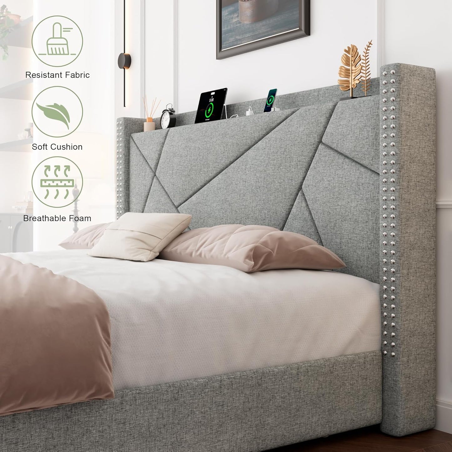 Feonase Full Size Bed Frame with 4 Storage Drawers, Upholstered Platform Bed with Charging Station & Wingback Headboard, Solid Wood Slats Support, No Box Spring Needed, Noise-Free, Light Gray