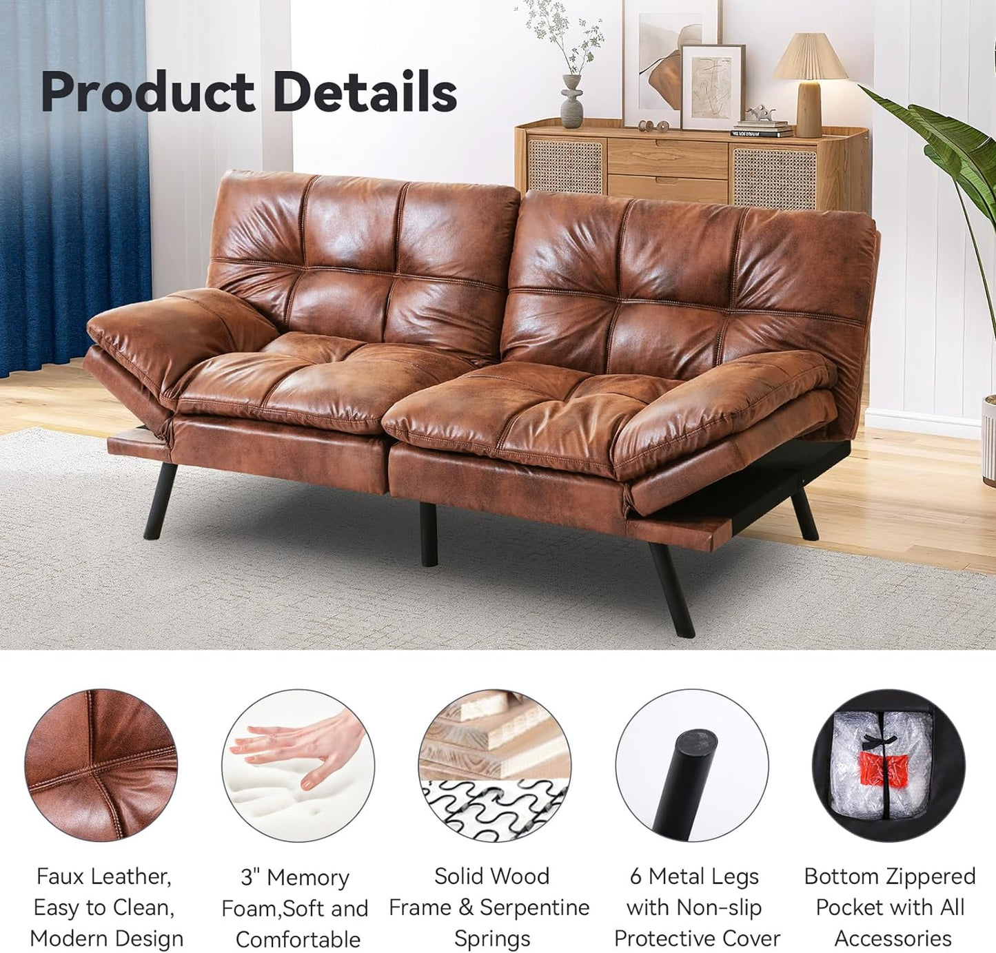 NEW - Hcore Convertible Futon Sofa Bed,Sleeper Futon Bed Couch,Memory Foam Futon Sofa,Loveseat Sofa Bed,Small Splitback Polyester Modern Sofa for Living Room,Office,Apartment,Medium Brown - Retail $239