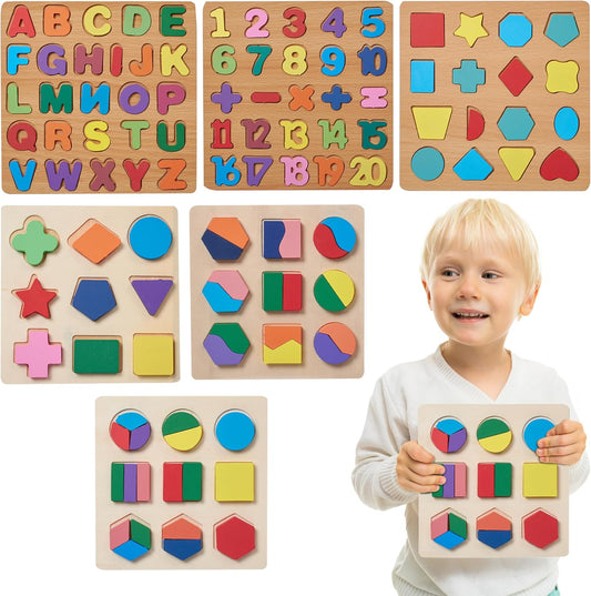 Wooden Number Alphabet Blocks (6 Pc) - Multicolor, Safe Pre-School Child Puzzles, Real Wood (3+ Age)