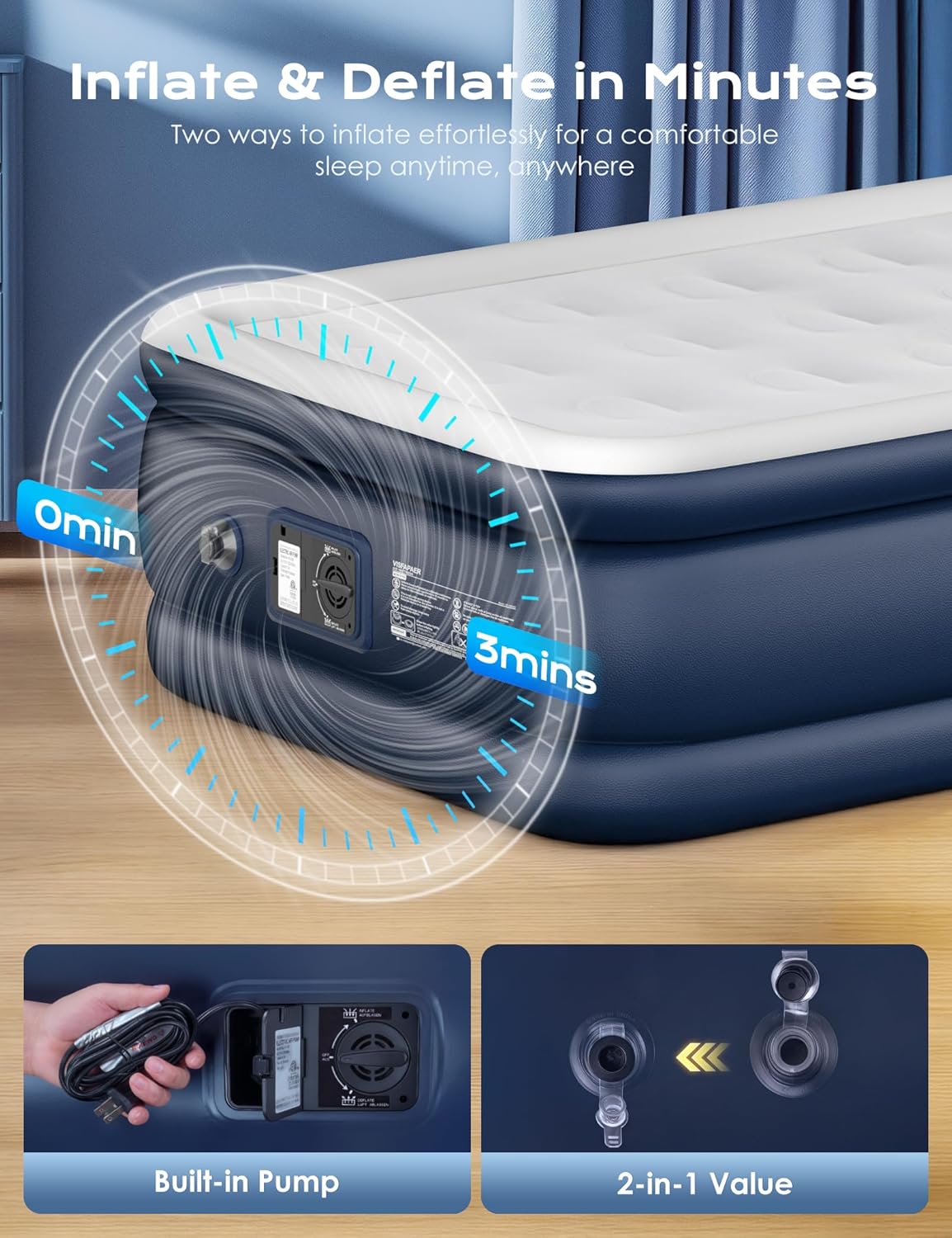 Twin Air Mattress with Built in Pump Raised, 18'' High Inflatable Mattress Electric Blow Up Mattress Fast Blow Up Bed Tall Comfortable Airbed for Camping, Home Guests, Travel w/ Storage Bag 550Lbs Max