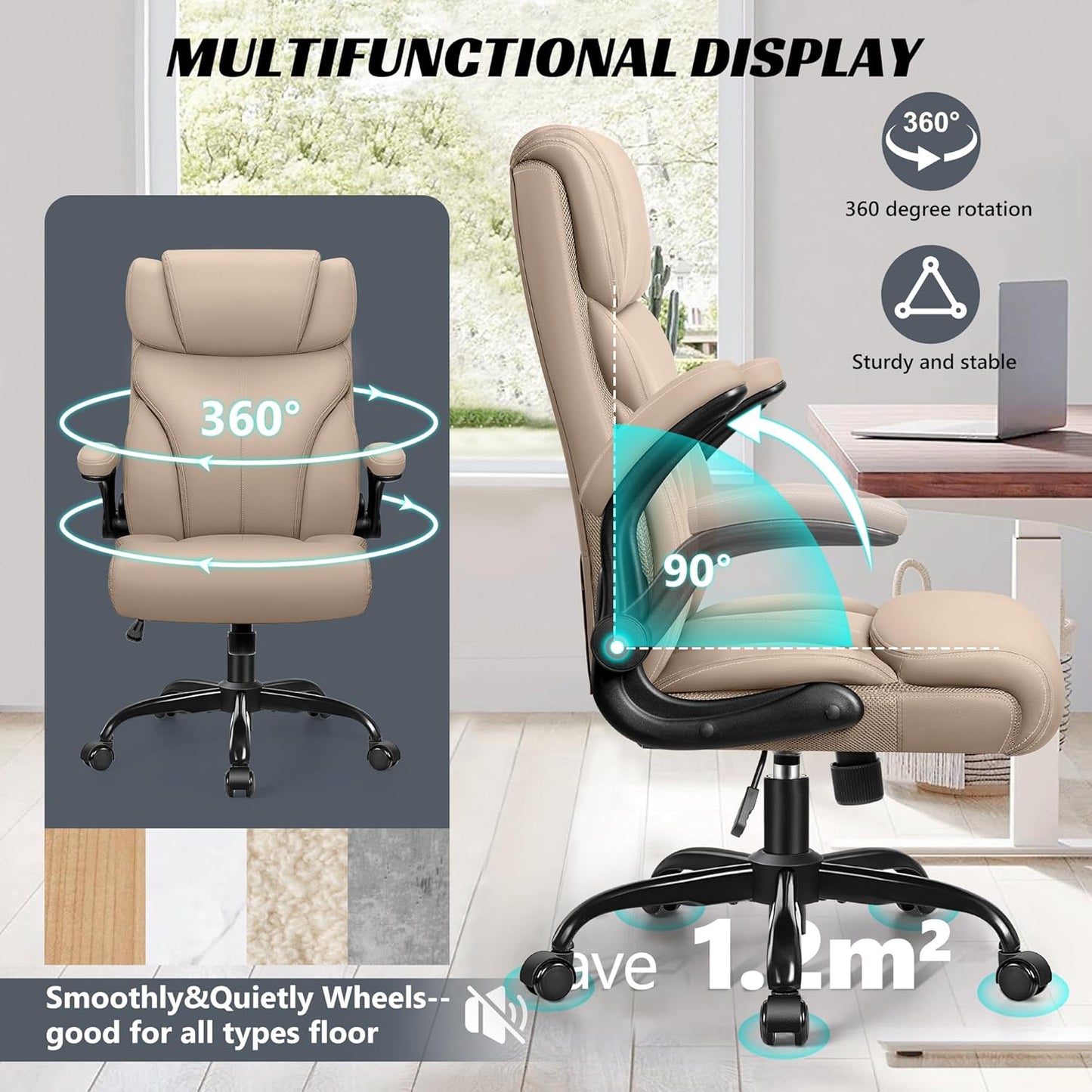 Office Chair, Ergonomic Big and Tall Computer Desk Chairs, Executive Breathable Leather Chair with Adjustable High Back Flip-up Armrests, Lumbar Support Swivel PC Chairs with Rocking Function - Retail $170