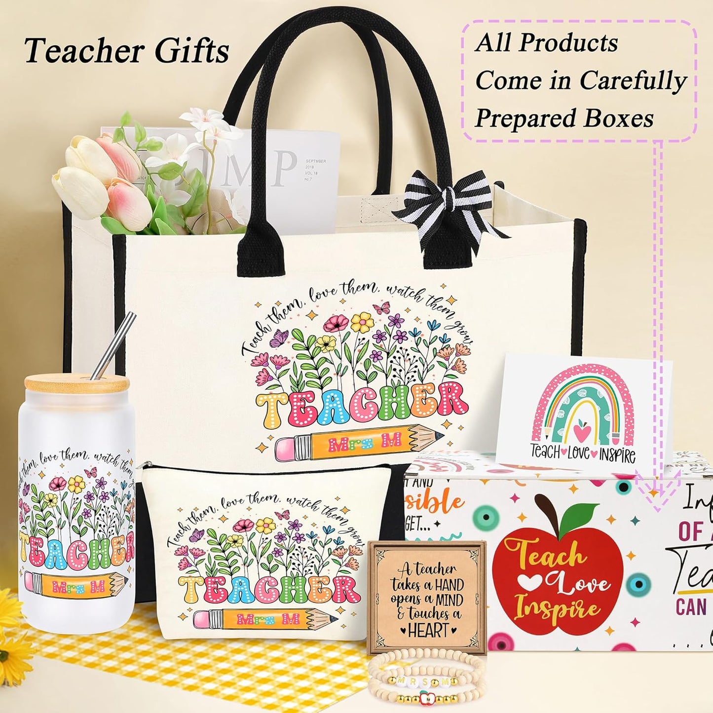 Initial Mrs. K Teacher Appreciation Gifts for Women, Christmas Thanksgiving Thank You Gifts for Teachers Set of 5