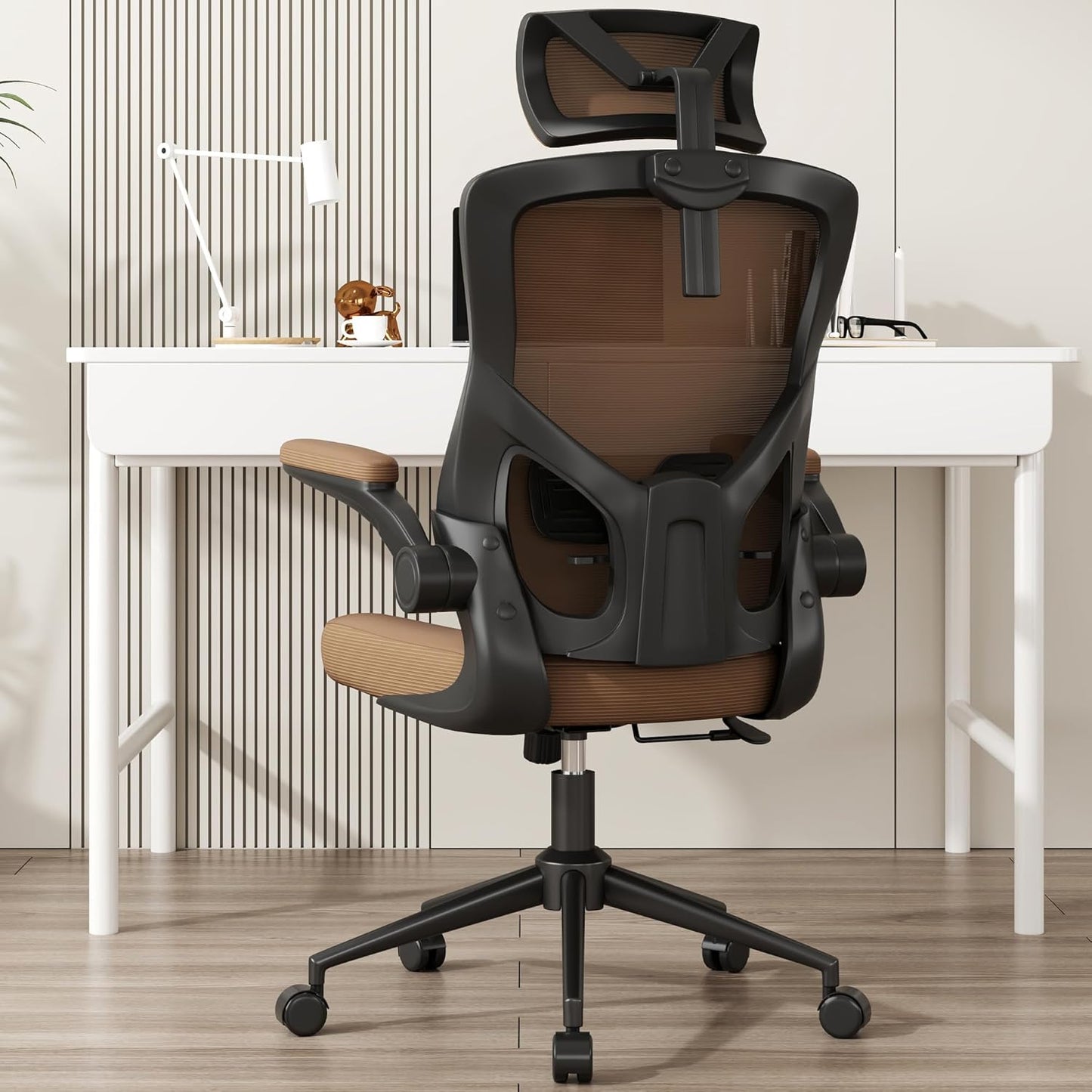 Home Office Chair, Ergonomic Comfy Desk Chair, High Back Computer Chair- Adjustable Headrest with Flip-Up Arms, Lumbar Support, Swivel Executive Task Chair (Mummy Brown, Modern) - Retail $150