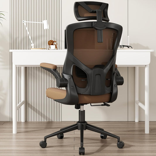Home Office Chair, Ergonomic Comfy Desk Chair, High Back Computer Chair- Adjustable Headrest with Flip-Up Arms, Lumbar Support, Swivel Executive Task Chair (Mummy Brown, Modern) - Retail $150