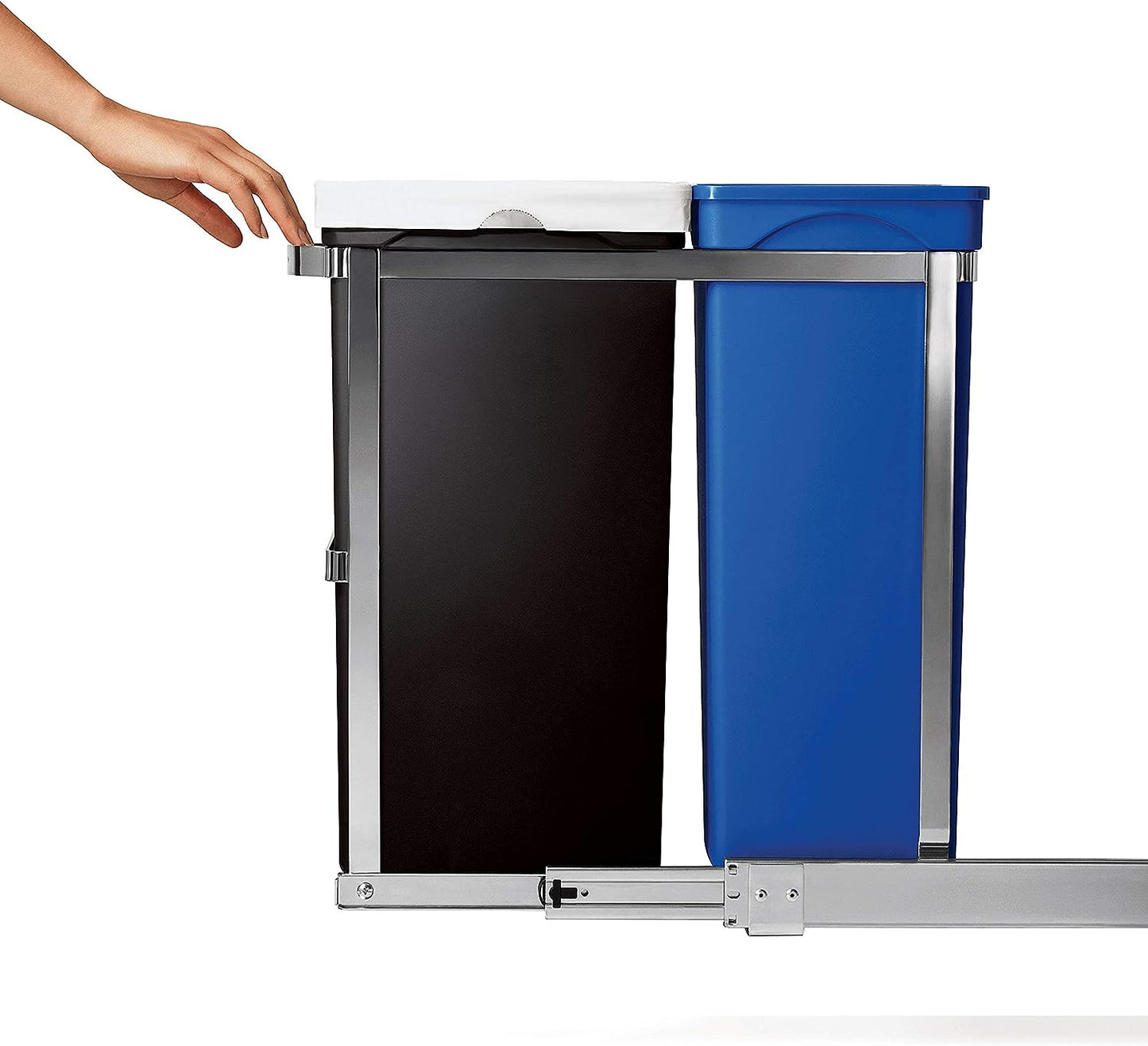 NEW - simplehuman 35 Liter / 9.3 Gallon Dual Compartment Under Counter Kitchen Cabinet Pull-Out Recycling Bin and Trash Can, Chrome - Retail $79