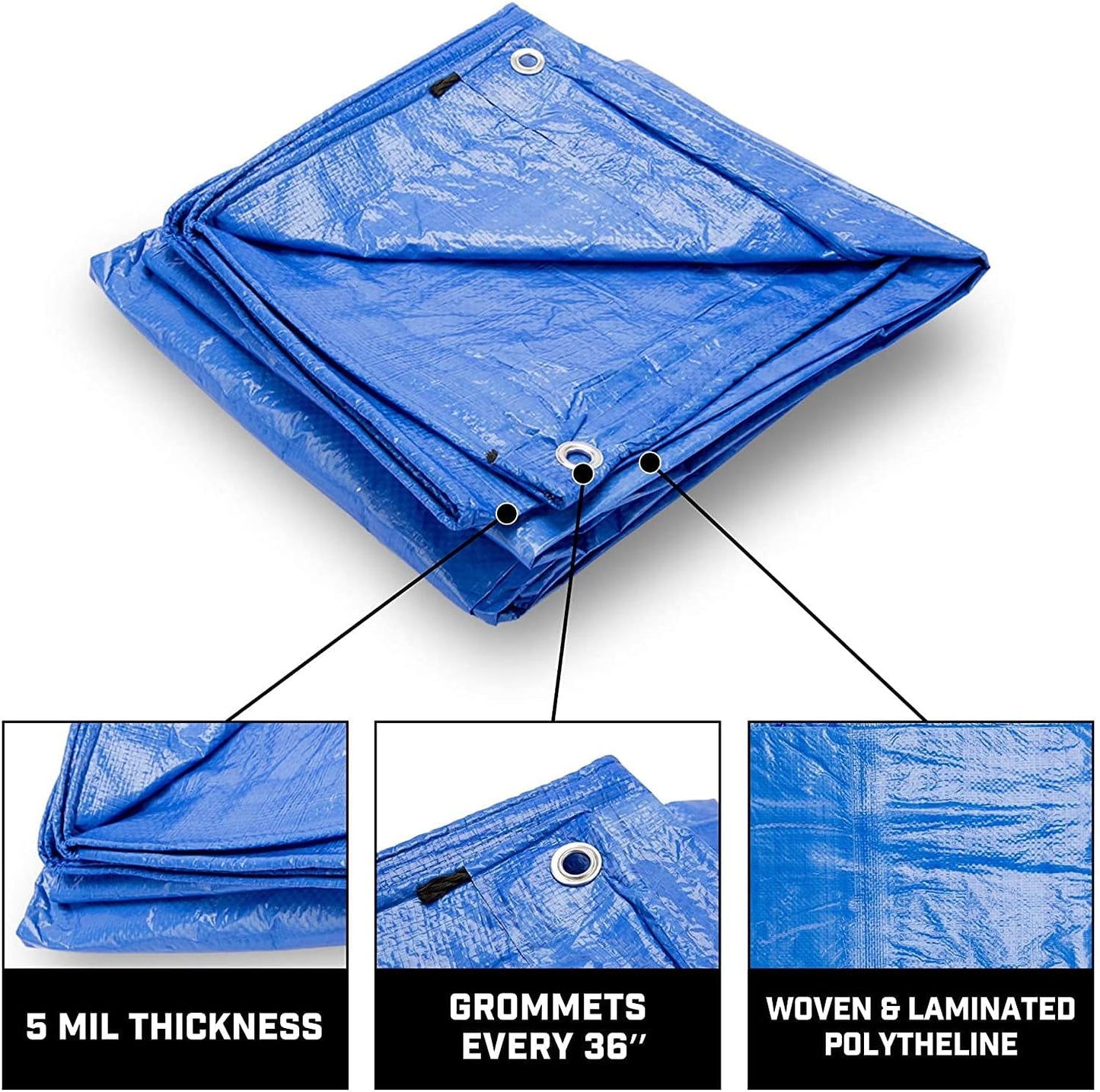 NEW - Grizzly Tarps by B-Air 20in x 30in Large Multi-Purpose Waterproof Heavy Duty Poly Tarp with Grommets Every 36in, 8x8 Weave, 5 Mil Thick, for Home, Boats, Cars, Camping, Protective Cover, Blue - Retail $49