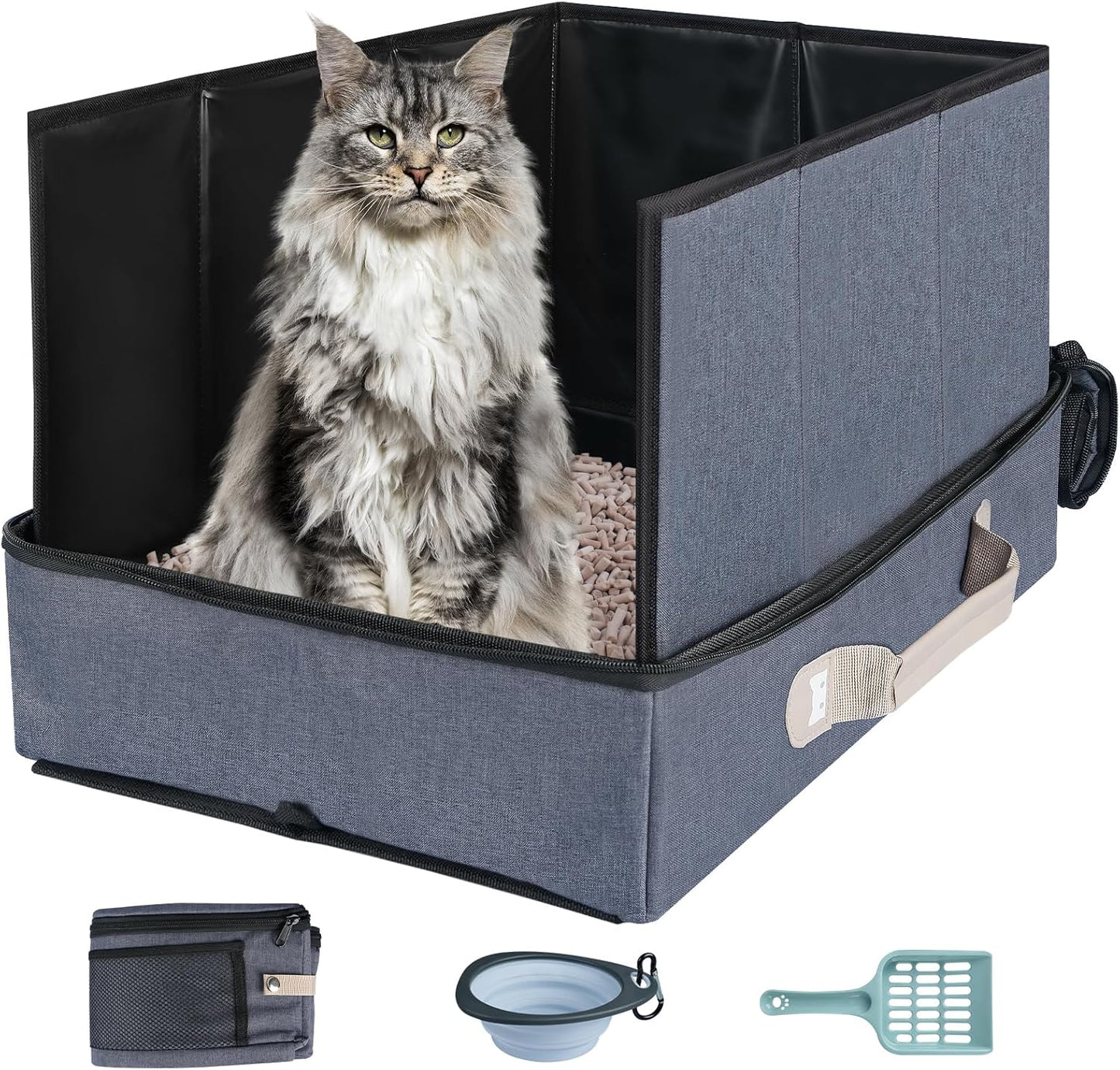 17.7 x 13.5 x 13.75 Travel Litter Box for Cats, Portable Litter Box with Pee Shield & Hard Bottom, Collapsible Cat Litter Pan for Travel, Car, Hotel, Leak-Proof Design, Water-Resistant, Easy Cleaning
