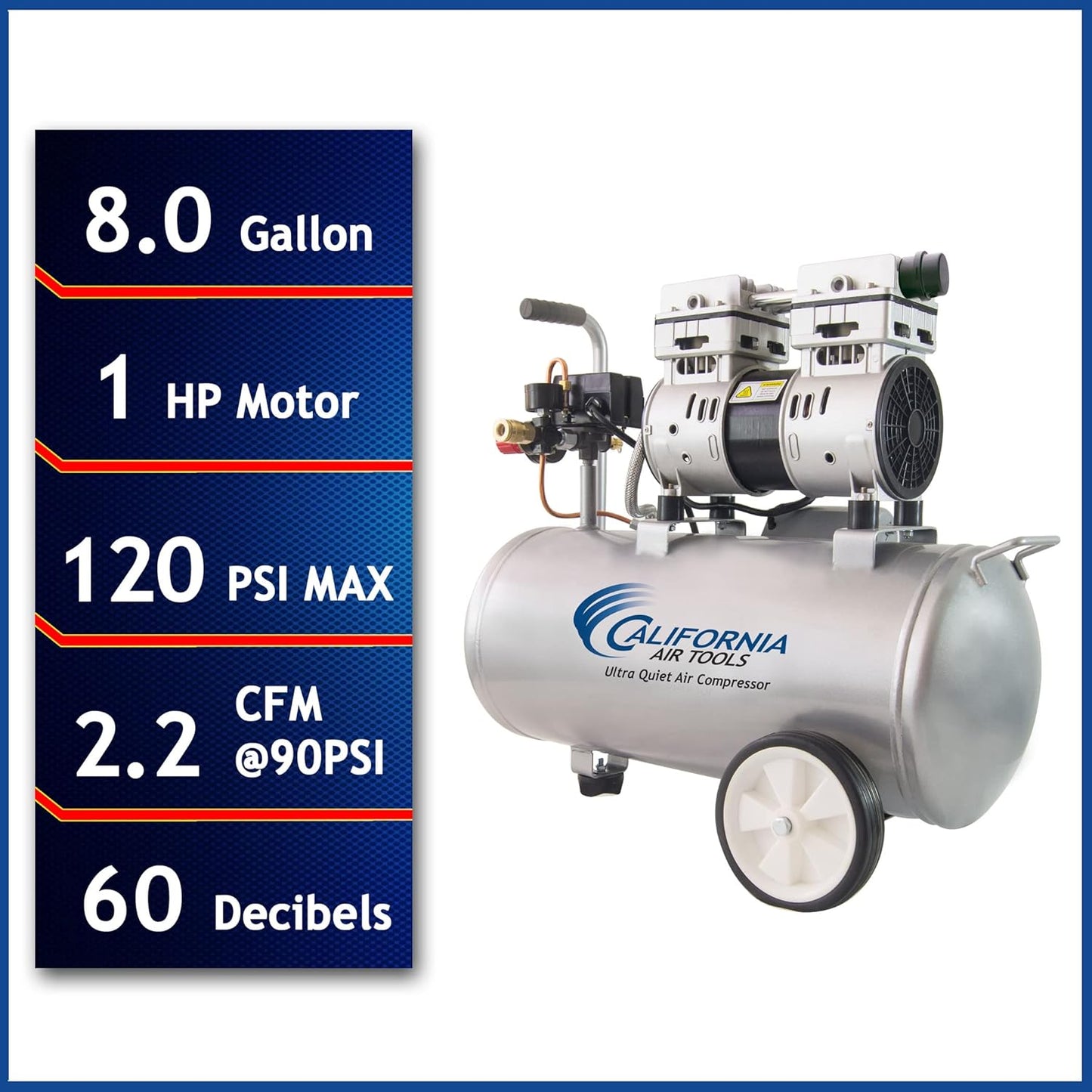 California Air Tools 8010 Steel Tank Air Compressor | Ultra Quiet, Oil-Free, 1.0 hp, 8 gal - Retail $235
