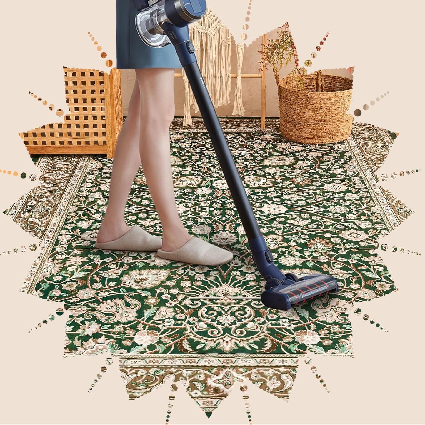 Area Rugs 5x7 Washable Living Room Rug, Vintage Soft Boho Non-Slip/Non-Shedding Print Floor Carpet for Dining Room, Bedroom-Cyan