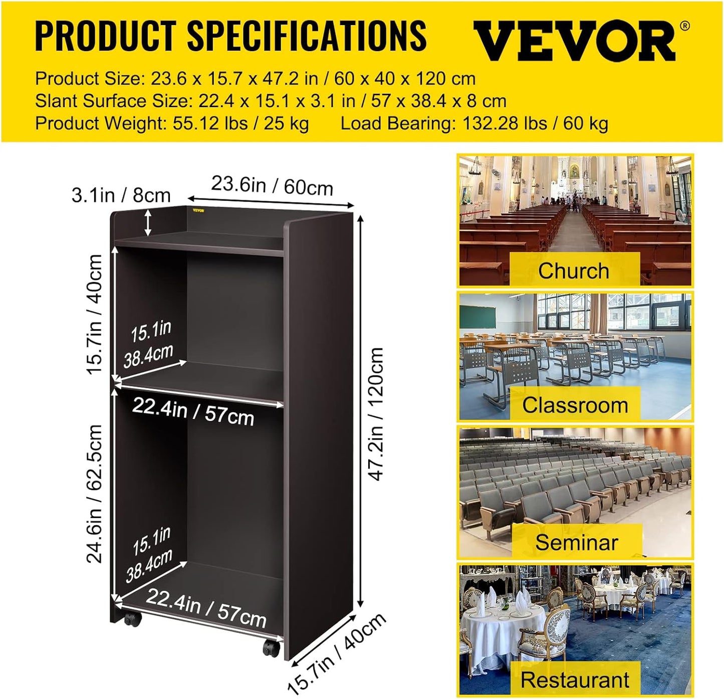 NEW - VEVOR Wood Podium, 23.6" x 47.2", Lecterns with 4 Rolling Wheels - Retail $145