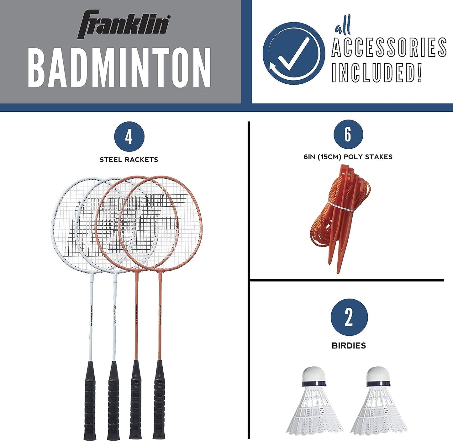 NEW - Franklin Sports Badminton Set - Backyard Badminton Net Set - Rackets and Birdies included - Backyard or Beach Badminton Set - Starter Set - Retail $62