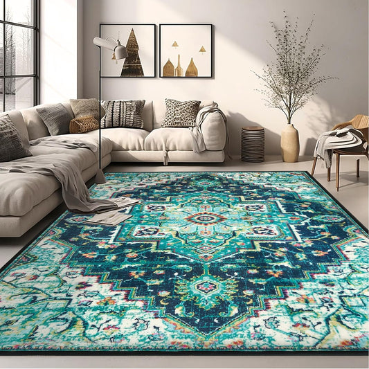 Area Rug 6x9 Washable Living Room Rug, Vintage Soft Boho Non-Slip/Non-Shedding Print Floor Carpet for Dining Room, Bedroom-Green - Retail $90