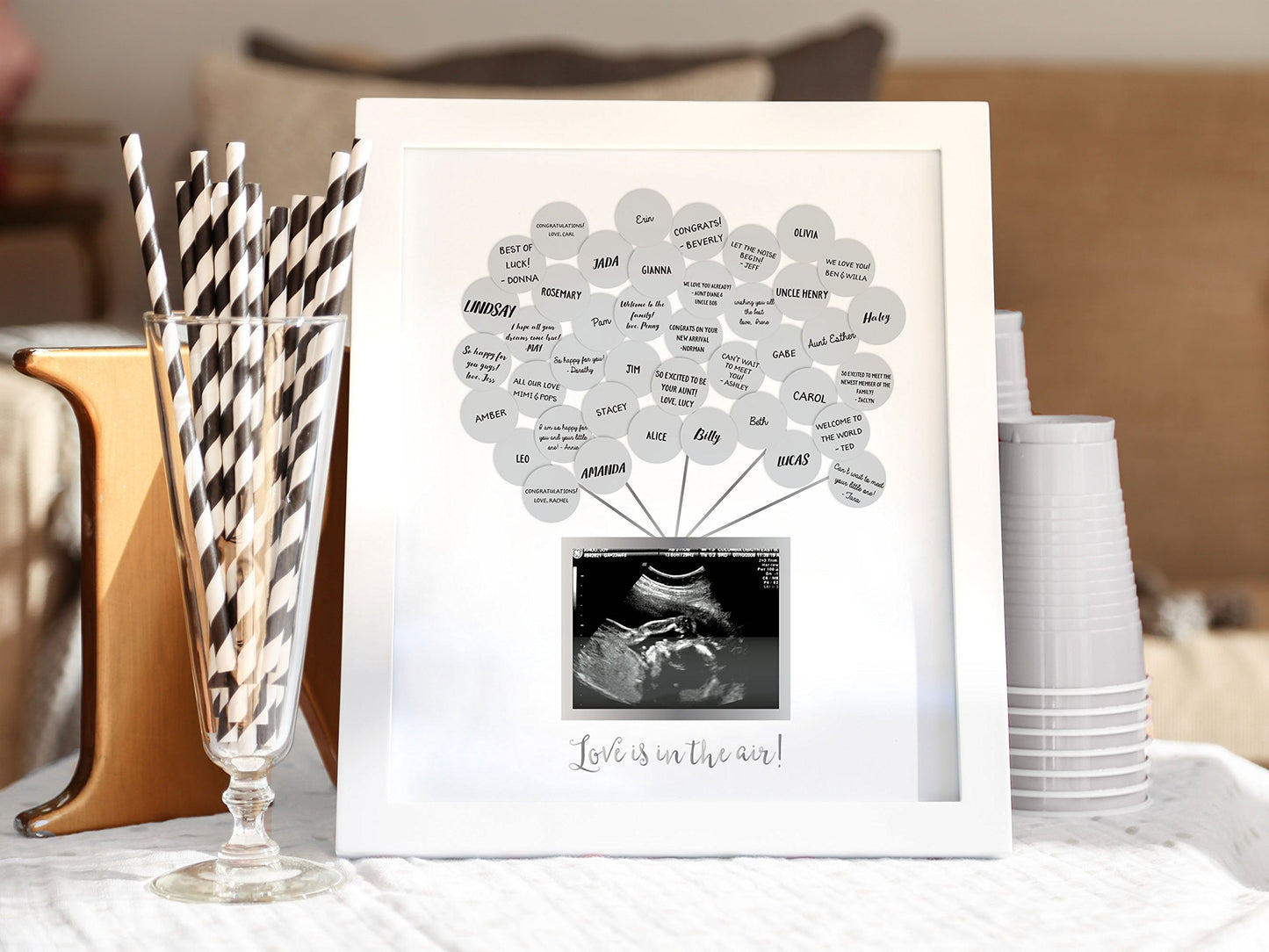 Pearhead Baby Shower Signature Guest Book & Sonogram Keepsake Picture Frame with 50 Balloon Stickers, Alternative Guestbook Idea, 5” x 4” Photo Insert, White