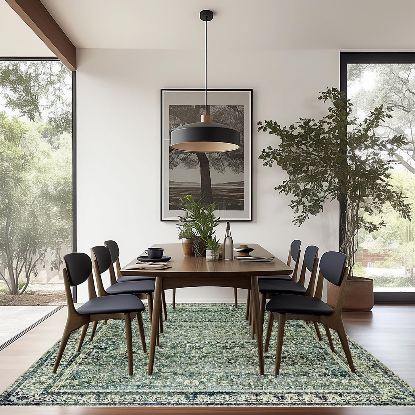 NEW - 6x9 Area Rugs Washable Rugs for Bedroom,Faux Wool Moody Floral Boho Vintage Oriental Indoor Carpet for Living Room,Hunter Forest Green - Retail $86