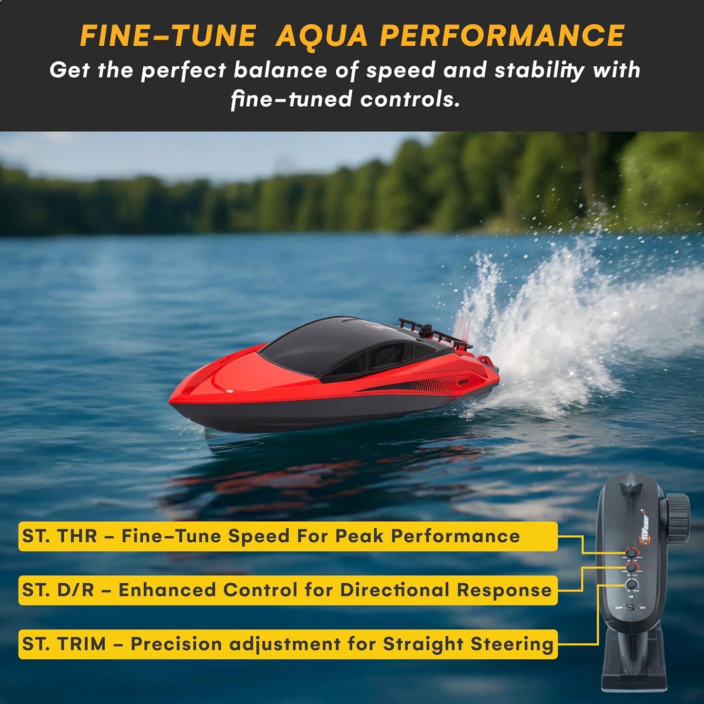 Top Race High-Speed Plastic RC Boat - Rechargeable Battery - 100 M Range - Jet Motor - Low Resistance Hull - Mini RC - Red