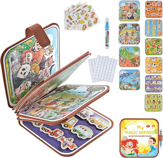 2-in-1 Busy Board Montessori Toys for Toddlers, Reusable Water Painting Books