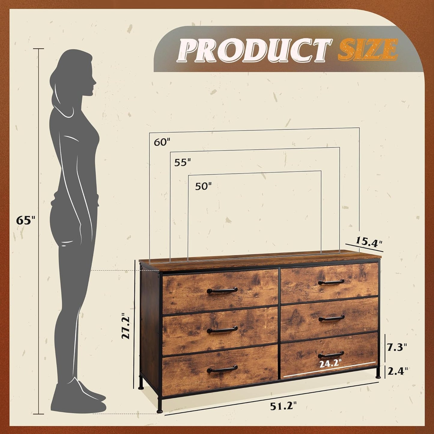 NEW - WLIVE Wide Fabric Dresser, 6 Drawer Dresser TV Stand for 60in TV, Dressers Bedroom Furniture Large Storage Tower Unit with Fabric Bins, Dresser for Bedroom, Closet, Hallway, Rustic Brown - Retail $140