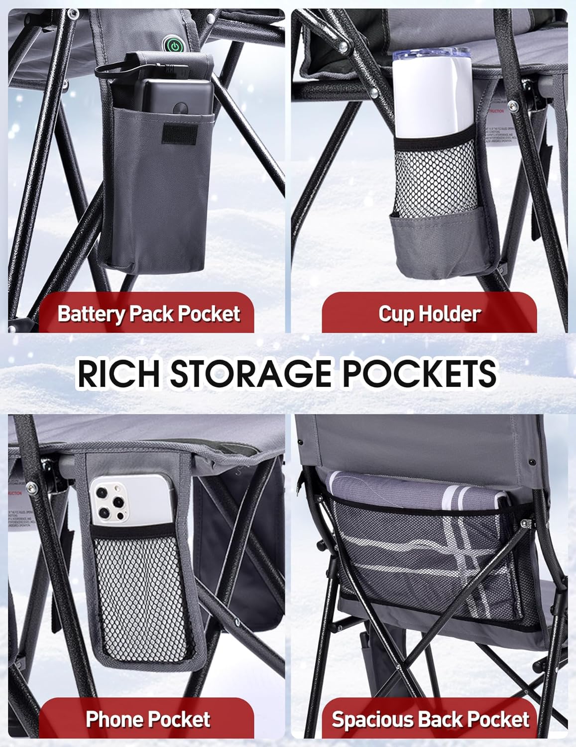 NEW - Docusvect Heated Camping Chair for Adults, Heats Back and Seat, 3 Heat Levels, Fully Padded Heated Folding Chair for Outdoor Sports with Cup Holder, Rich Pockets, Battery NOT Included - Retail $109