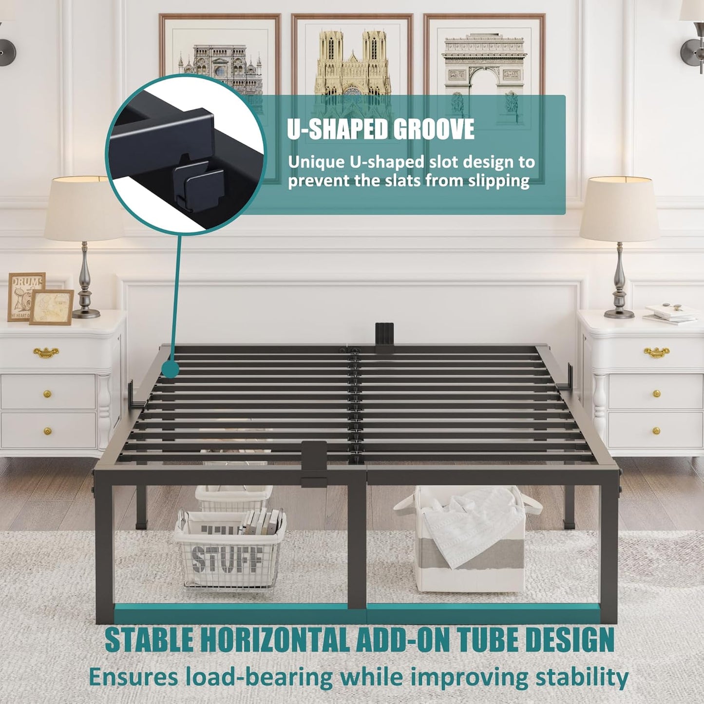 KING Bed Frame, 18 Inch High 3500 lbs Metal Platform, Mattress Foundation with Steel Slat Support/No Box Spring Needed/Noise Free/Non-Slip/Easy Assembly - Retail $116