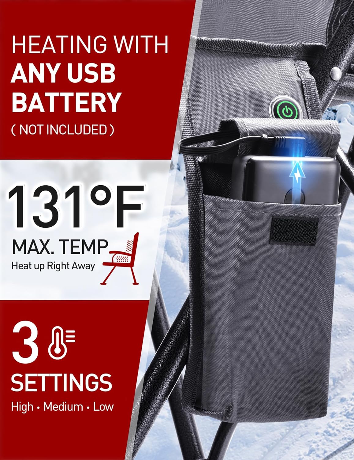 NEW - Docusvect Heated Camping Chair for Adults, Heats Back and Seat, 3 Heat Levels, Fully Padded Heated Folding Chair for Outdoor Sports with Cup Holder, Rich Pockets, Battery NOT Included - Retail $109