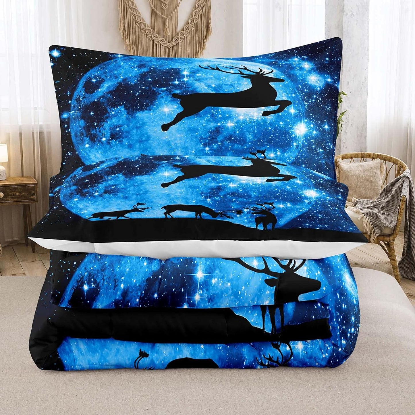 NEW - NINENINE QUEEN Galaxy Deer Comforter, Blue Moonlight Bedding Sets,Outer Space Bedding Set with 1 Comforter 2 Pillowcases