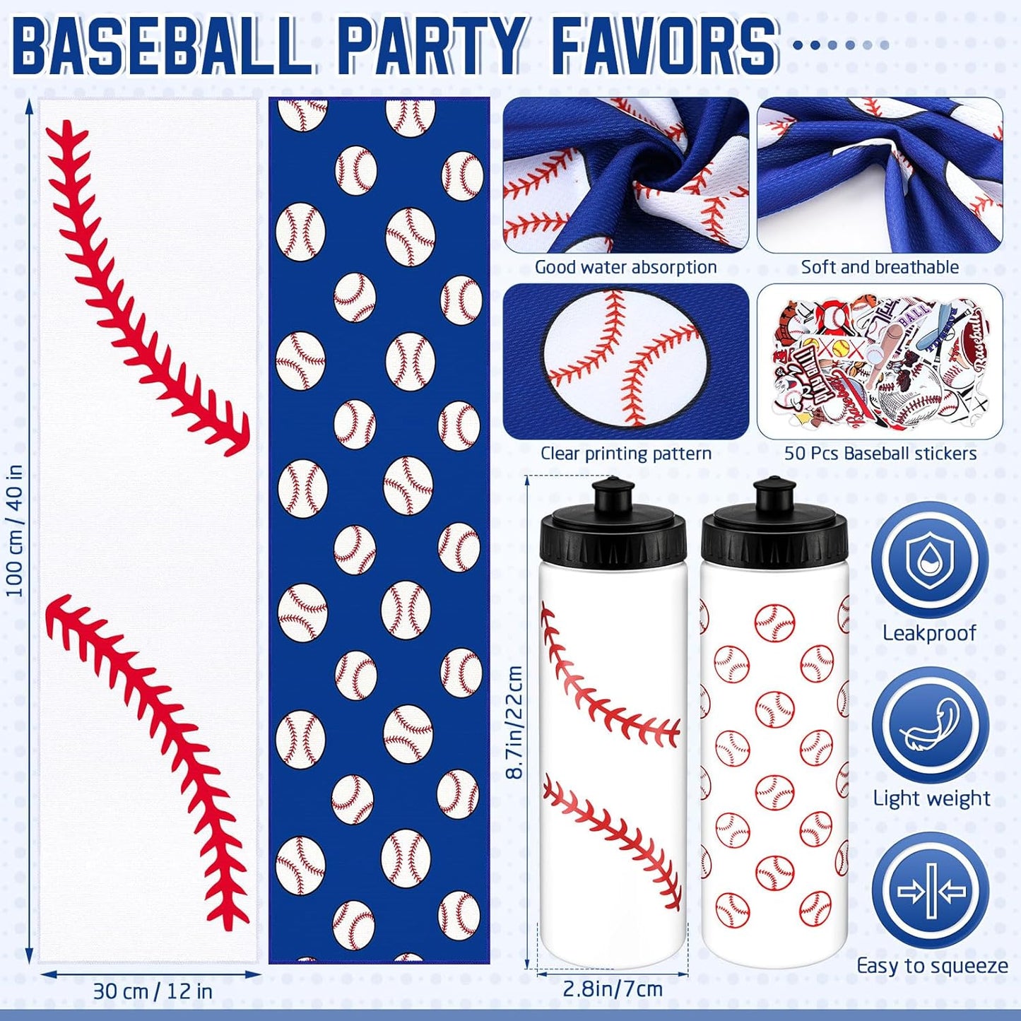 12 PCS 20 Oz Baseball Water Bottles & Cooling Towels Set with 50 Stickers for Sports Events & Gifts