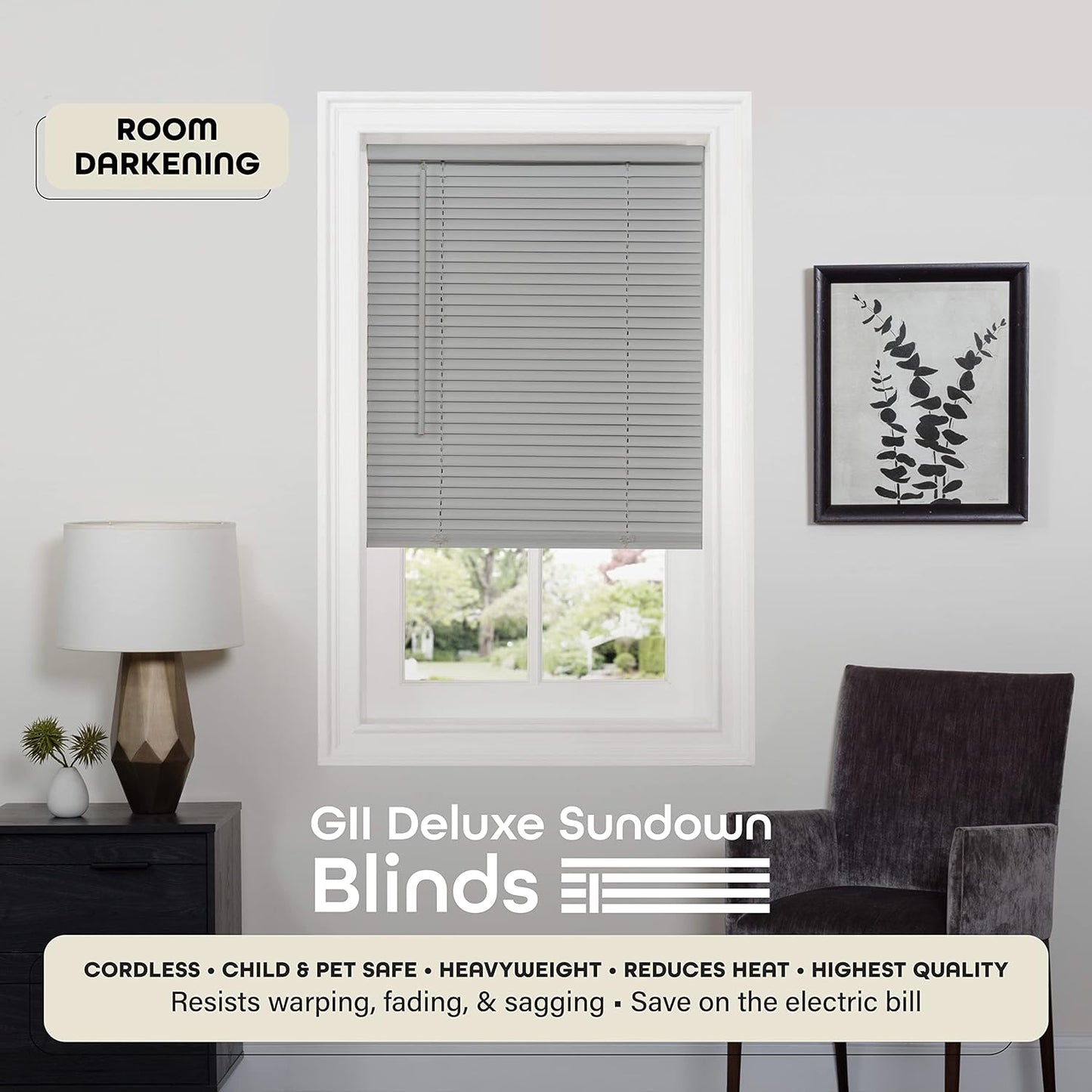 NEW - Cordless Room Darkening Mini Blind - 48 Inch Width, 64 Inch Length, 1" Slat Size - Gray - Cordless GII Deluxe Sundown Horizontal Windows Blinds for Interior by Achim Home Decor - Retail $38