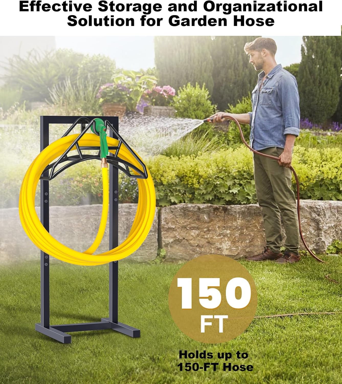 Outdoor Garden Hose Holder Freestanding with 4 Spikes, Heavy Duty Metal Water Hose Reel Stand Hanger Rack Organizer Holds Storage 150ft Hose for Outside Yard Lawn, Black