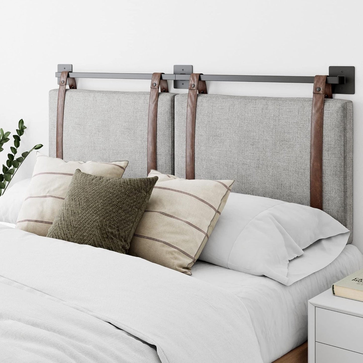 Nathan James Harlow Modern Wall Mount Hanging Headboard, Queen, Gray with Brown Faux Leather Straps - Retail $120
