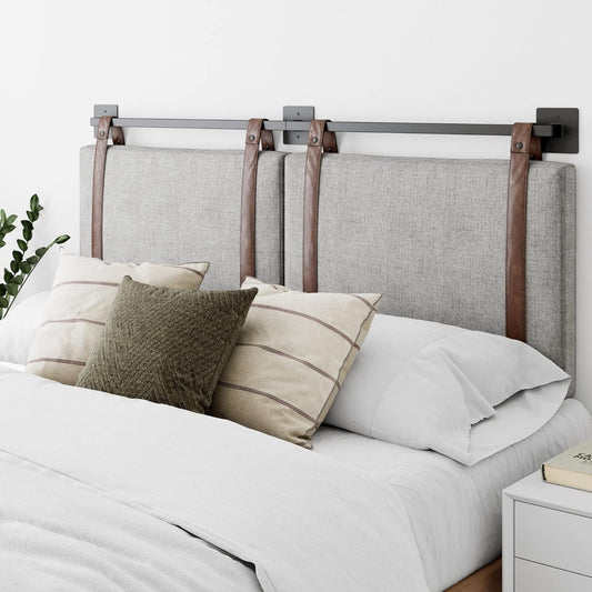 Nathan James Harlow Modern Wall Mount Hanging Headboard, Queen, Gray with Brown Faux Leather Straps - Retail $120