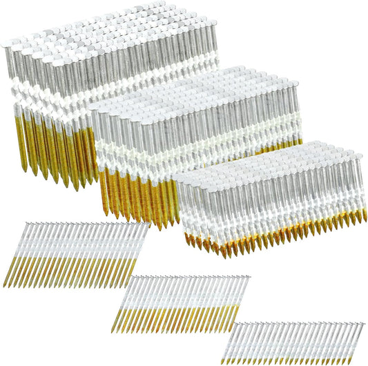 Therwen 1500 Count 21 Degree Framing Nails Ring Shank Nails for Use in All Pressure Treated Lumber, Flat D Head, Galvanized, Plastic Row Fixed (2" 2-1/2" 3")