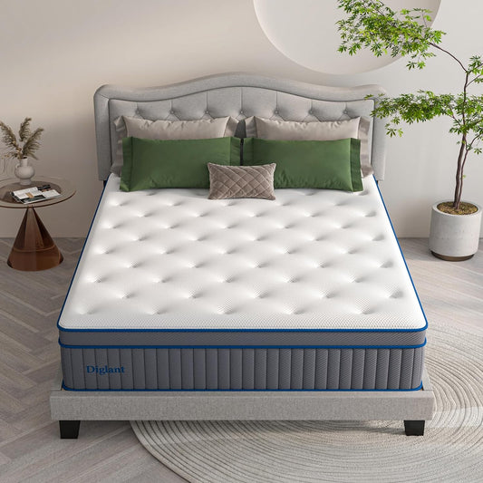 NEW - Queen Mattress, DIGLANT 14 Inch Queen Plush Hybrid Mattress with Gel Memory Foam for Cooling Sleep, 7-Zoned Individual Pocket Springs for Pressure Relief, Queen Size Supportive Mattress in Box - Retail $628