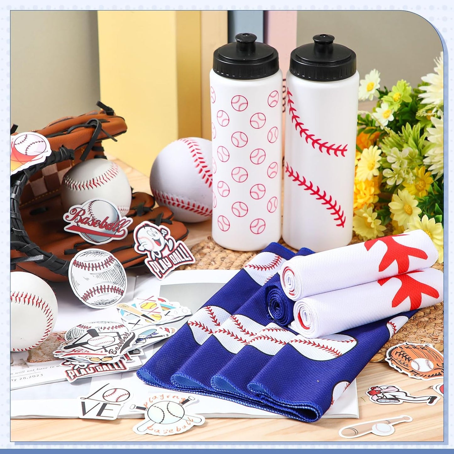 12 PCS 20 Oz Baseball Water Bottles & Cooling Towels Set with 50 Stickers for Sports Events & Gifts