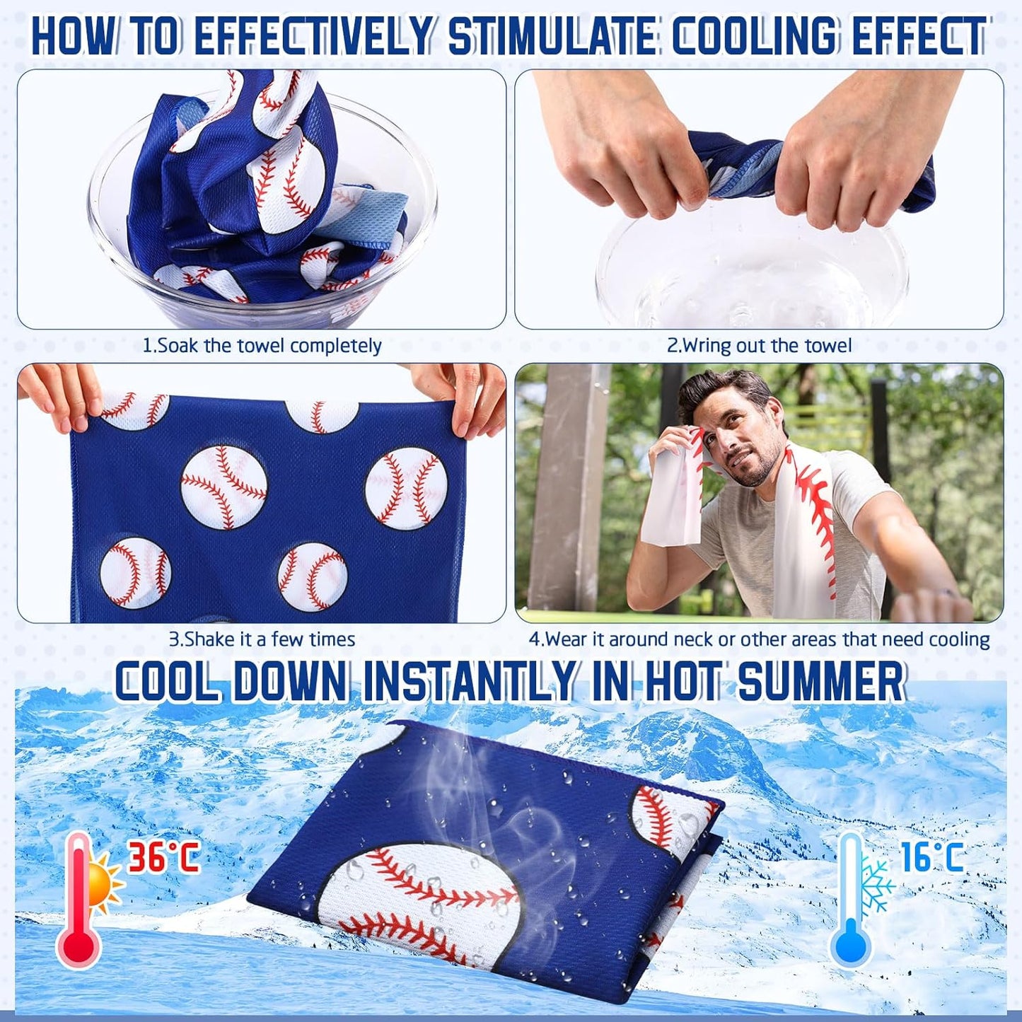 12 PCS 20 Oz Baseball Water Bottles & Cooling Towels Set with 50 Stickers for Sports Events & Gifts