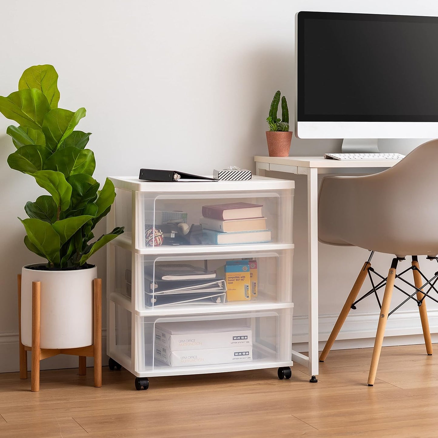 IRIS USA Plastic Drawer Storage Organizer Rolling Cart, with Wheels Casters, 3-Drawers, for Art Craft Supplies Bathroom Dorm Bedroom Laundry Room, Wide, White