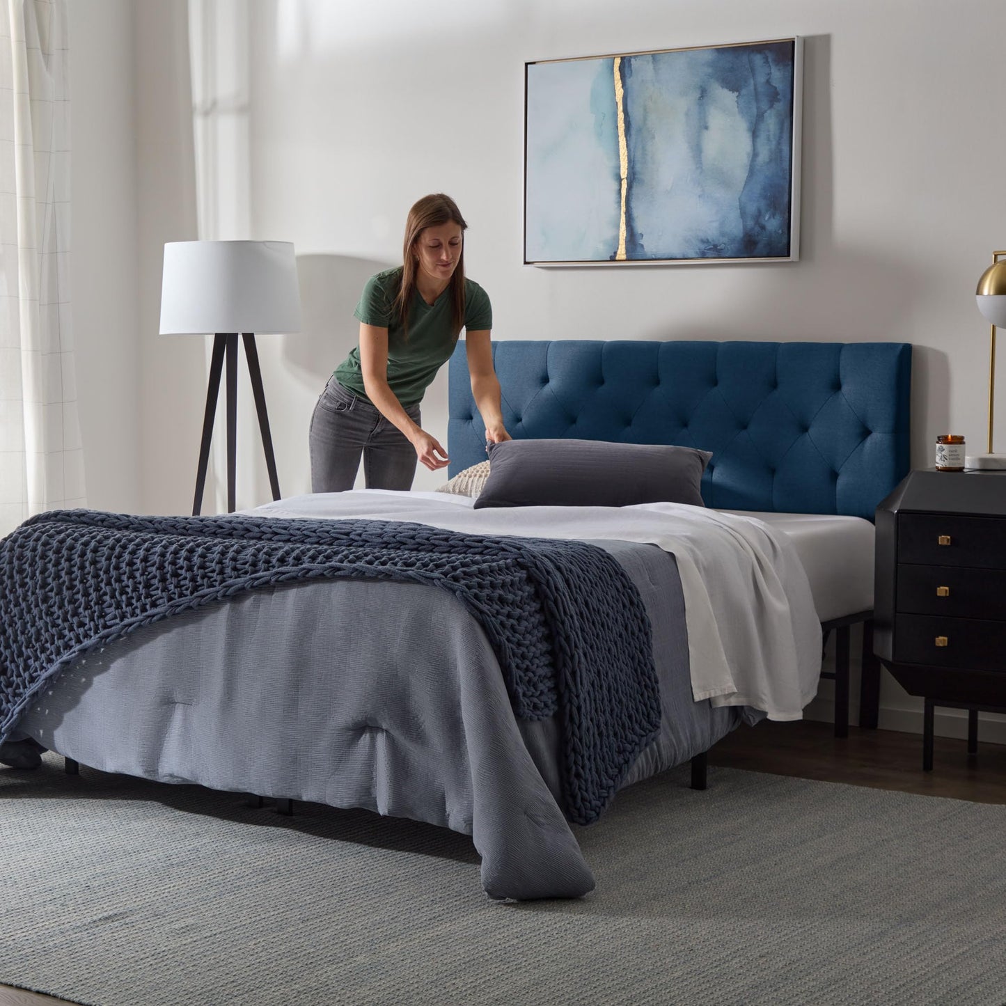 Lucid Mid-Rise Upholstered Headboard - Diamond Tufted - Padded Polyester Bed Frame or Wall Mount - Queen Size