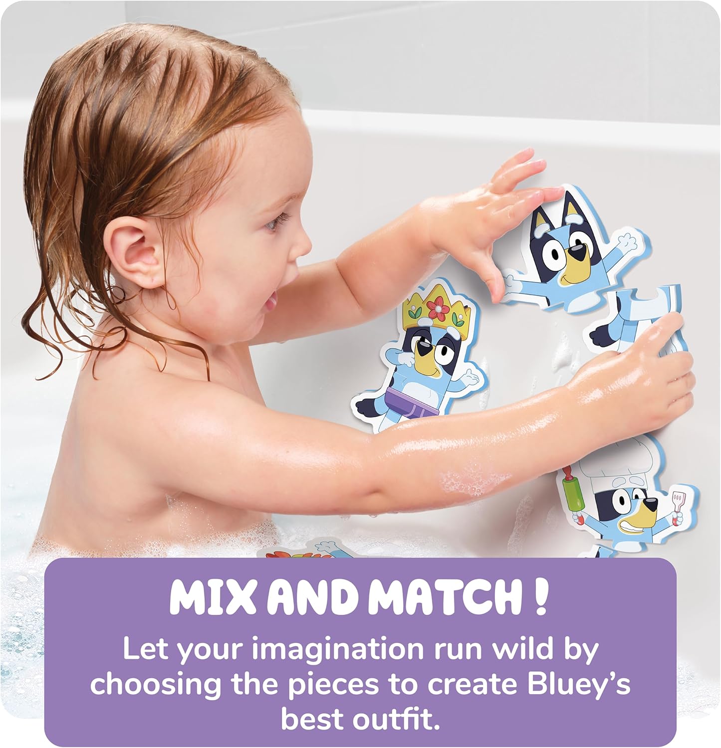 Tomy Toomies Bluey Bath Puzzle - Mix and Match Bluey Puzzle - Foam Toddler Bath Toys - Includes Mesh Bag Bath Toy Storage with Suction Cups - 8 Count - 18 Months and Up
