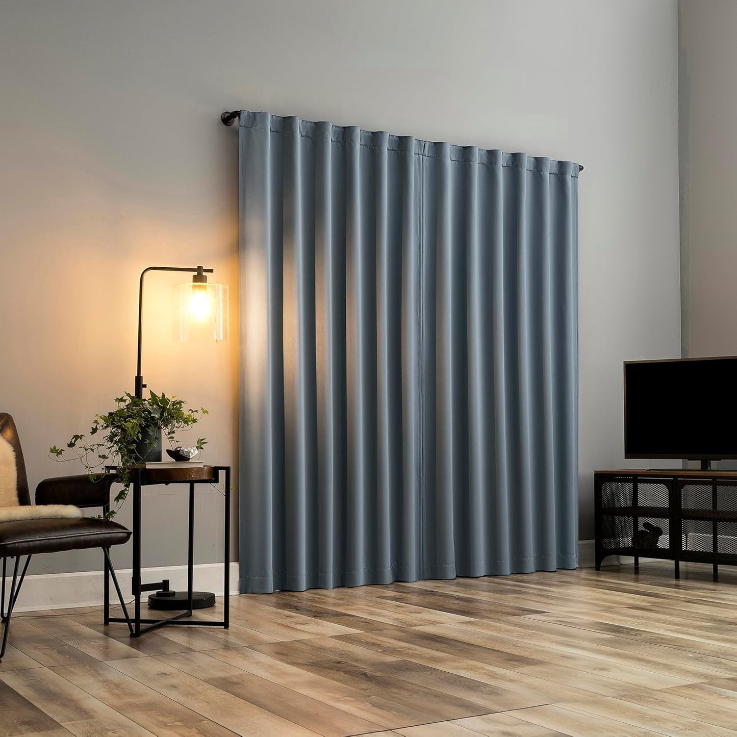 Sun Zero Belize 2-Pack Magnetic Closure Pleated Look Theater Grade 100% Blackout Back Tab Curtain Panel Pair, 52" x 96", Denim Blue