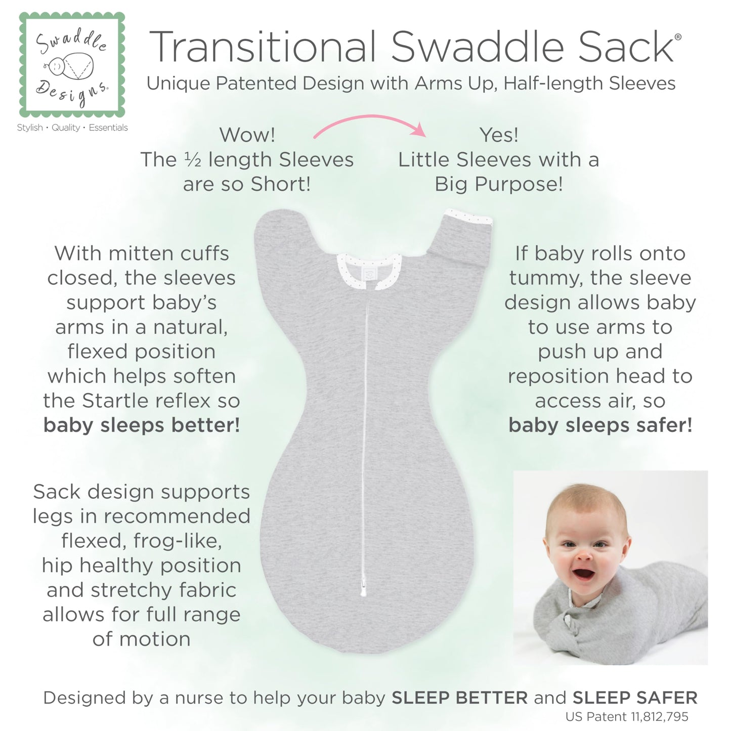 SwaddleDesigns Transitional Swaddle Sack, Arms Up Half-Length Sleeves & Mitten Cuffs, Swaddle for Newborn Transition to Baby Sleep Sack Wearable Blanket, 6-9 Month, 21-24 lb, Gray with Striped Trim