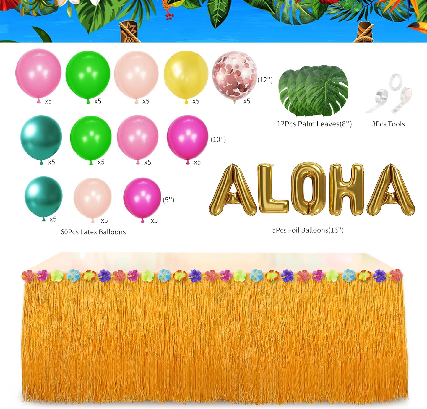 Luau Birthday Party Decorations Hawaiian Party Decorations 169 Pcs Tropical Aloha Party Supplies for Summer Beach Holiday Including Balloon Arch Kit Backdrop Table Skirt Banner Cake Toppers Straws