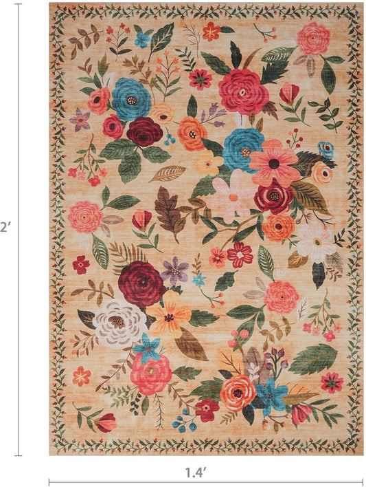 2X3 Washable Indoor Floral Rug, Ultra-Thin, Soft, Non-Slip, Stain Resistant, Low-Pile Throw
