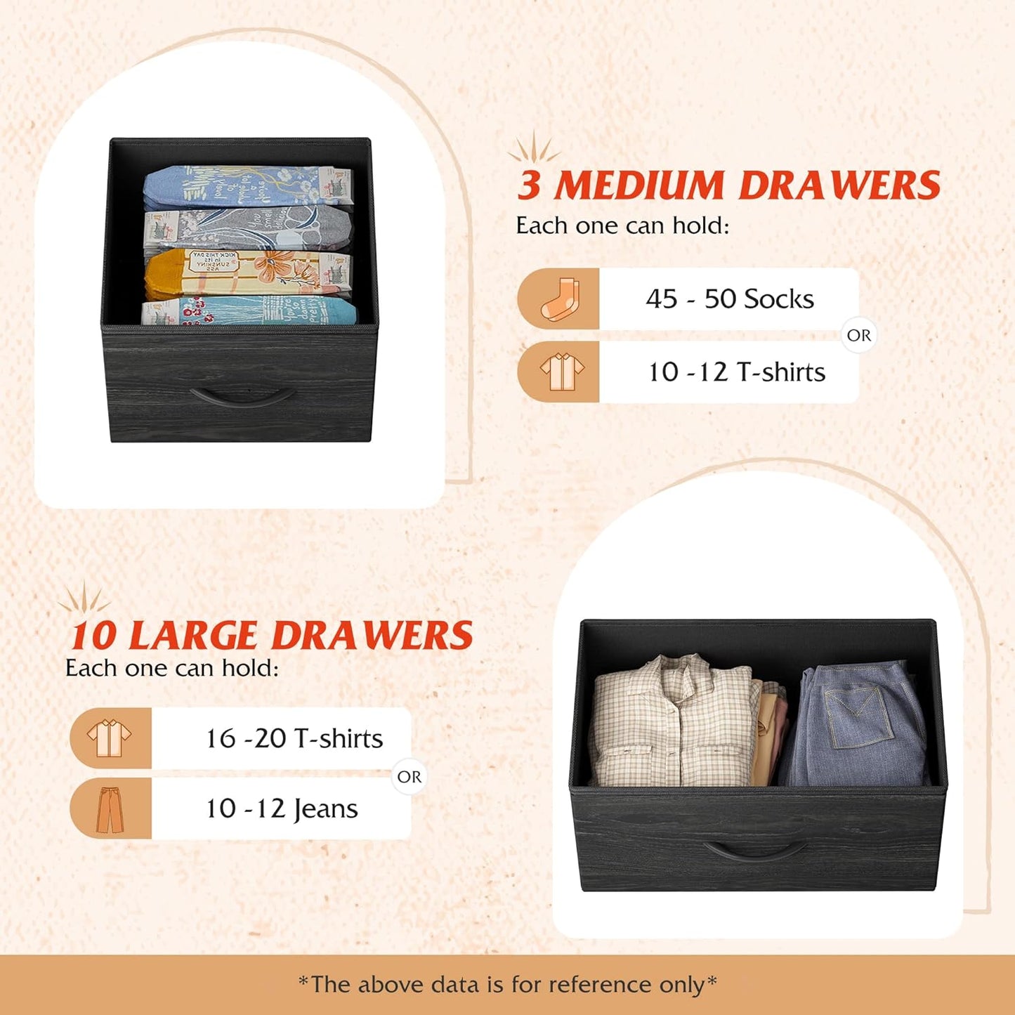 NEW - WLIVE Tall Dresser for Bedroom with 13 Drawers, Storage Dresser Organizer Unit, Fabric Dresser for Bedroom, Closet, Chest of Drawers, Steel Frame, Wood Top, Charcoal Black Wood Grain Print - Retail $110