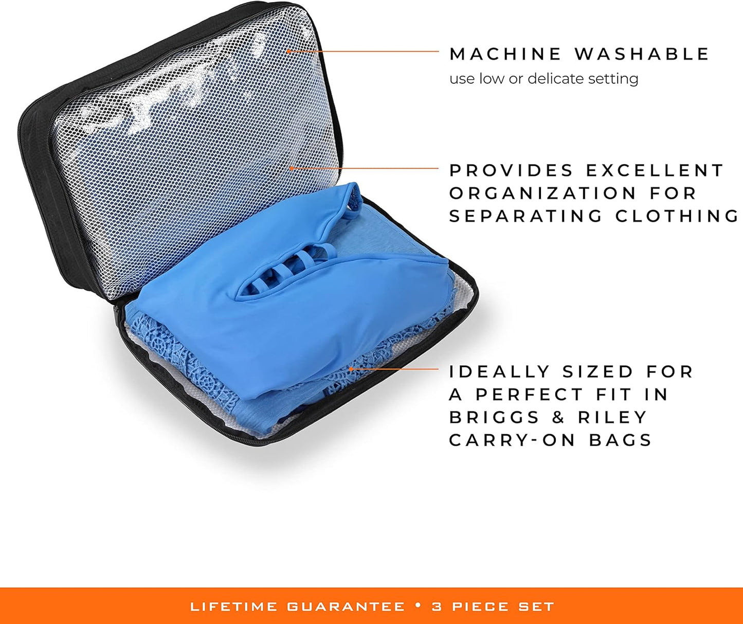 Briggs & Riley 3 Pack Zippered Packing Cubes/Luggage Organizers for Travel, Black, Small