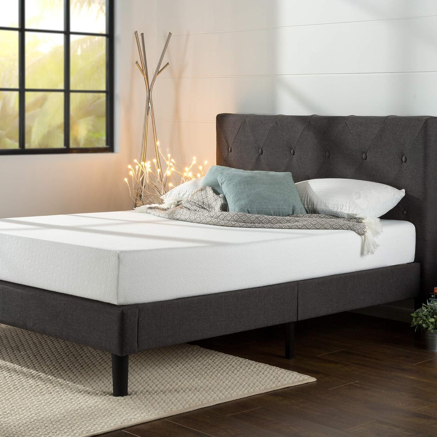 NEW - ZINUS FULL Shalini Upholstered Platform Bed Frame, Mattress Foundation, Wood Slat Support, No Box Spring Needed, Easy Assembly, Dark Grey - Retail $152