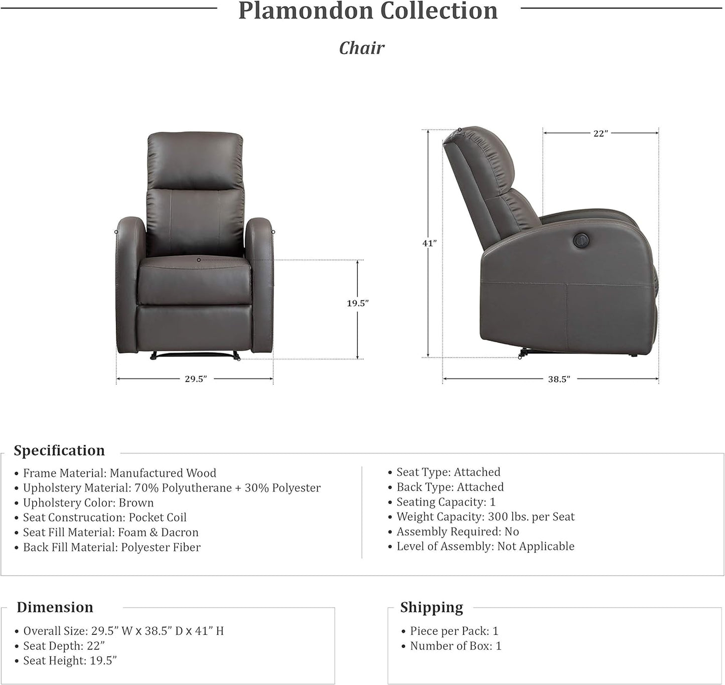 NEW - Lexicon Plamondon Power Reclining Chair, Brown - Retail $349