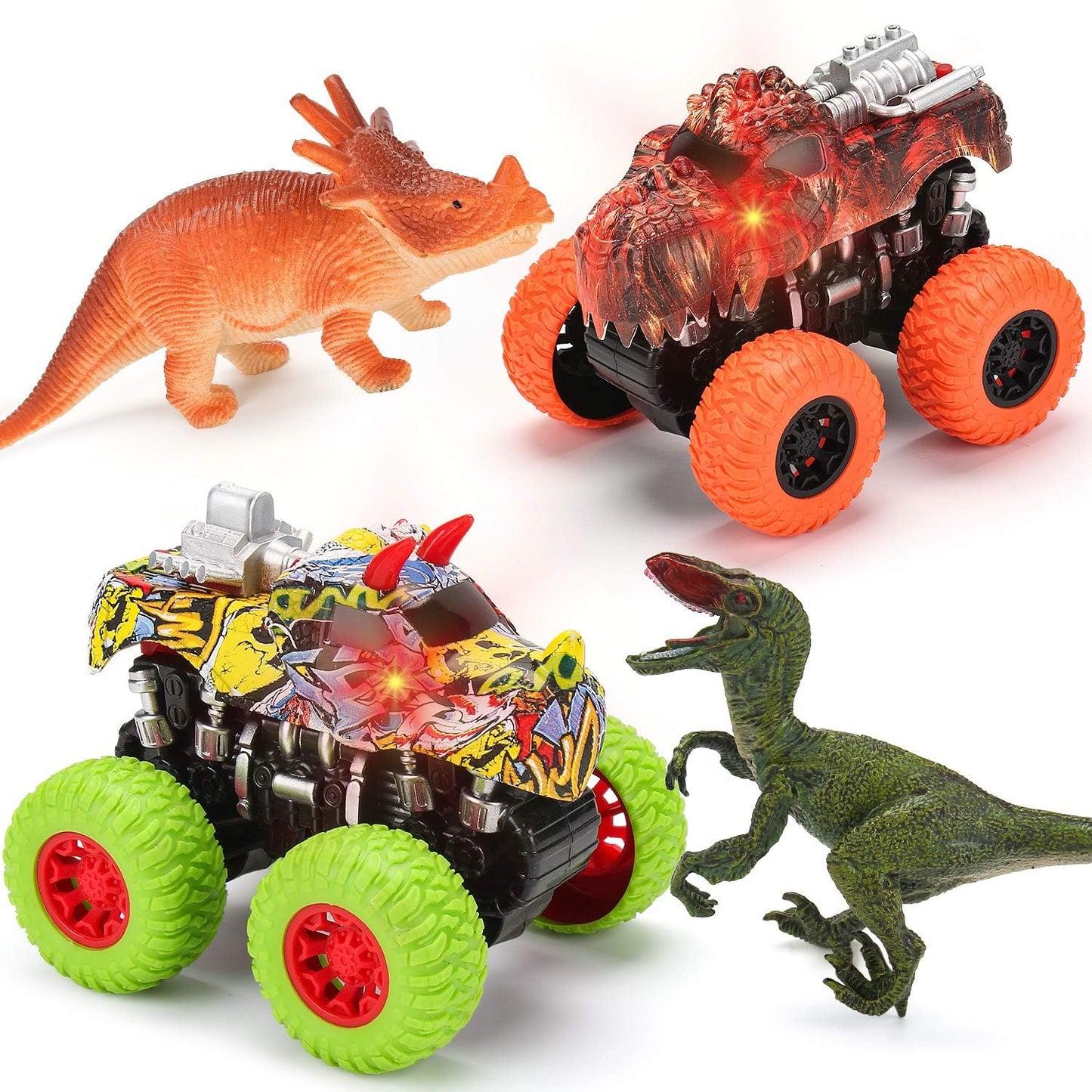 MÖBIUS Monster Truck Toy Set - 2 Dinosaur Trucks + 2 Realistic Toy Dinosaurs